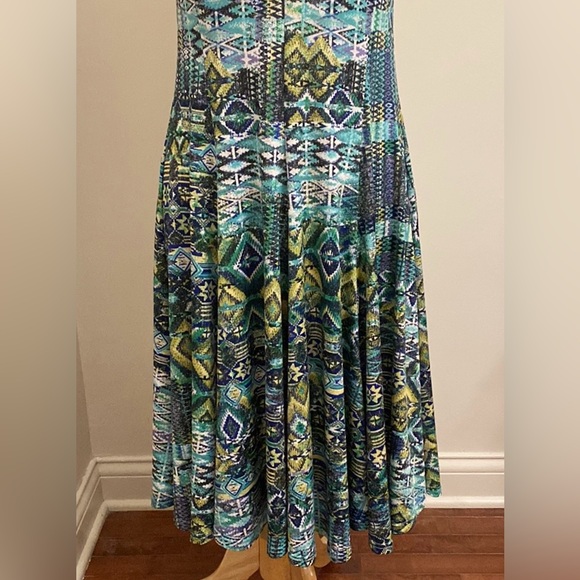 Creation Blue Turquoise Green Aztec Tribal Print Sleeveless Swing Midi Dress S - Picture 3 of 12